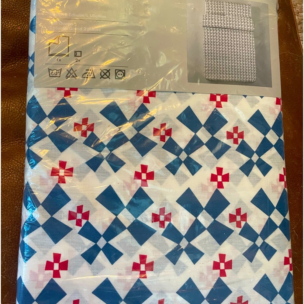 New ikea sheet set queen full folkloyre folk art blue red in package pillowcases